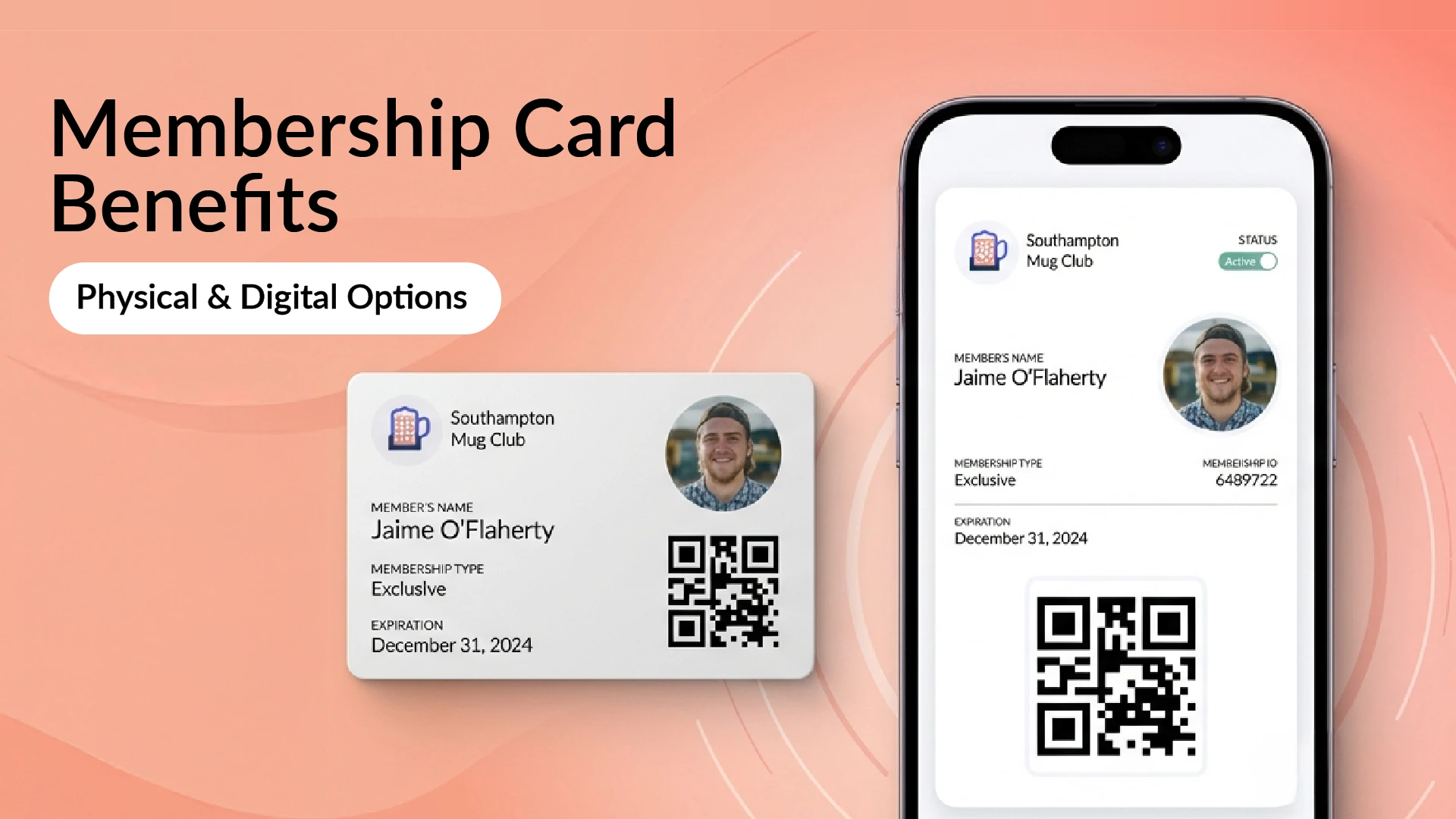 Membership card benefits cover showing physical card and digital wallet card with QR code for member access.